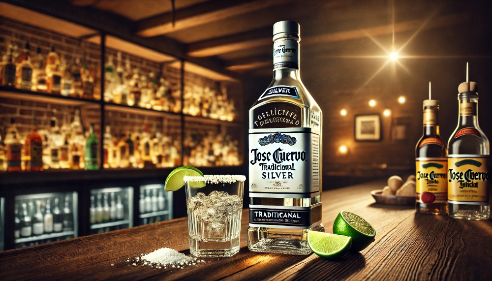 Пляшка текіли Jose Cuervo Tradicional Silver на дерев'яній барній стійці, поруч склянка з текілою, лаймові часточки та сіль.